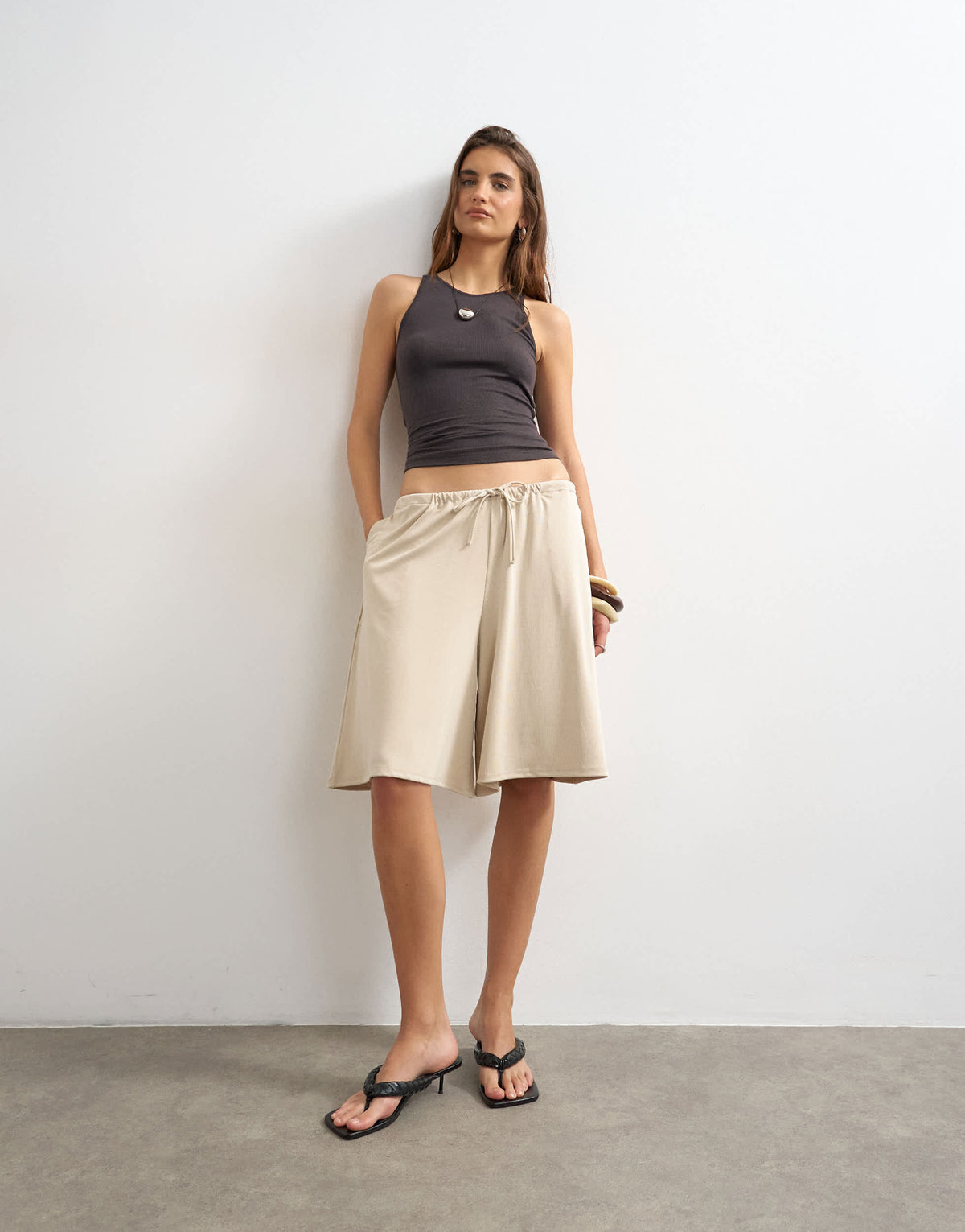 Topshop cupro bermuda drawstring shorts in cream
