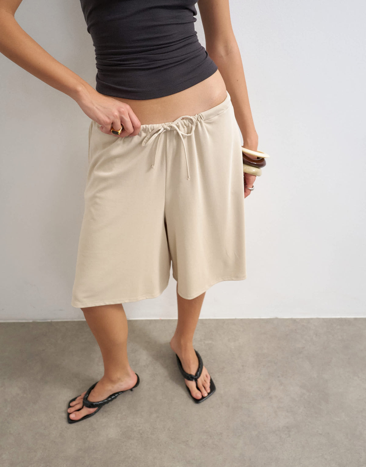 Topshop cupro bermuda drawstring shorts in cream
