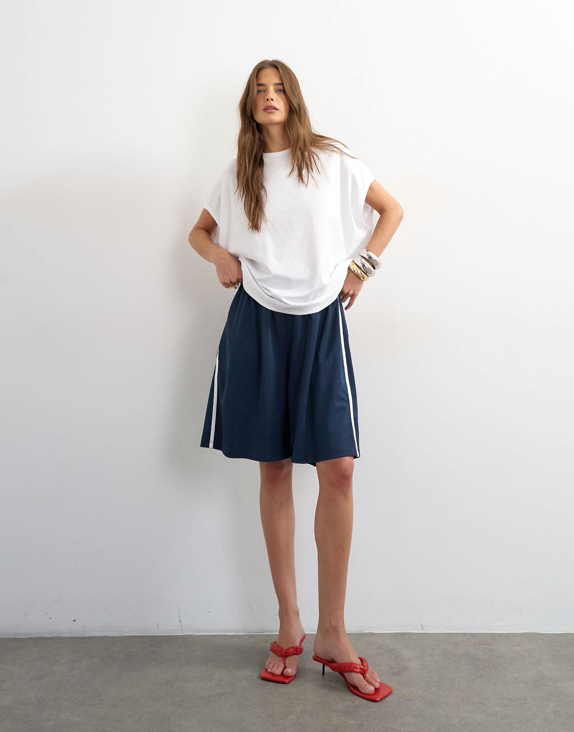 Topshop sport stripe detail shorts in navy