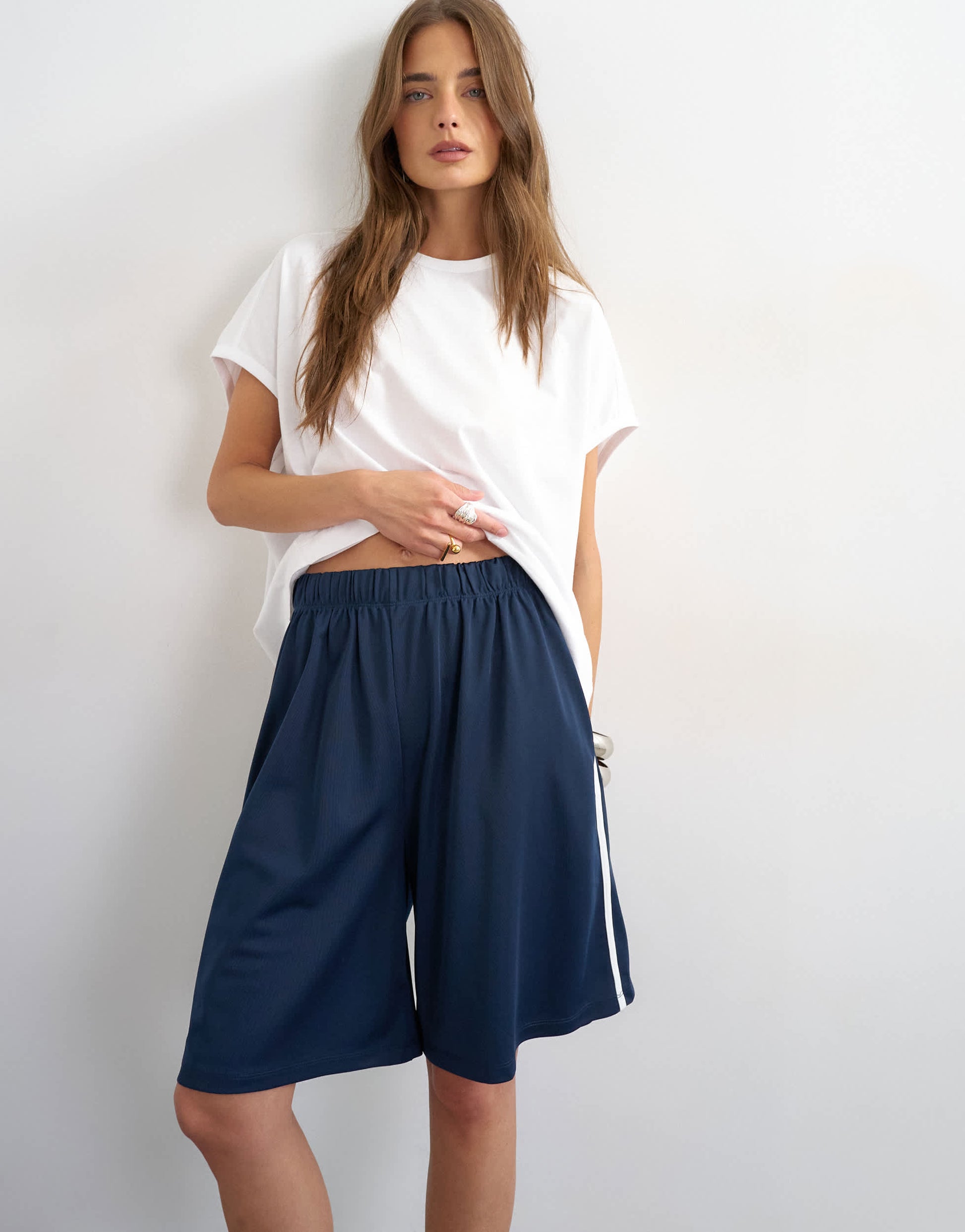 Topshop sport stripe detail shorts in navy