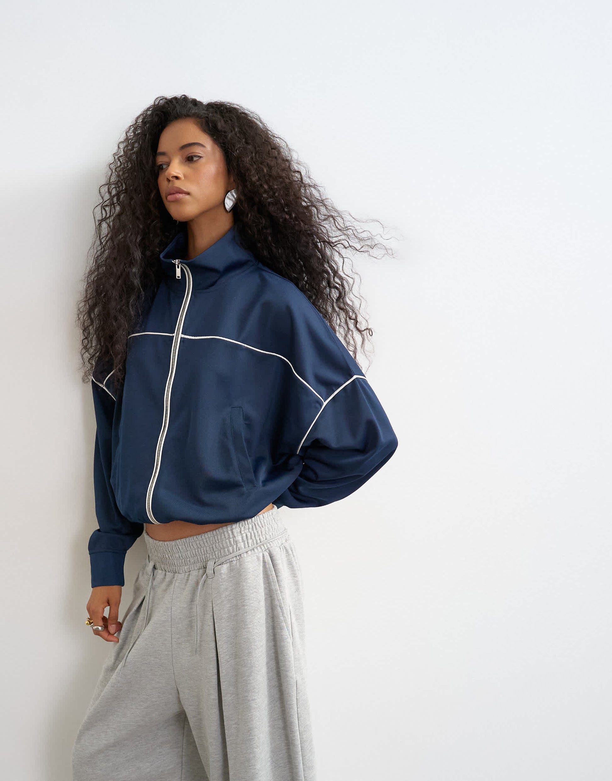 Topshop sports high neck piped jacket in navy