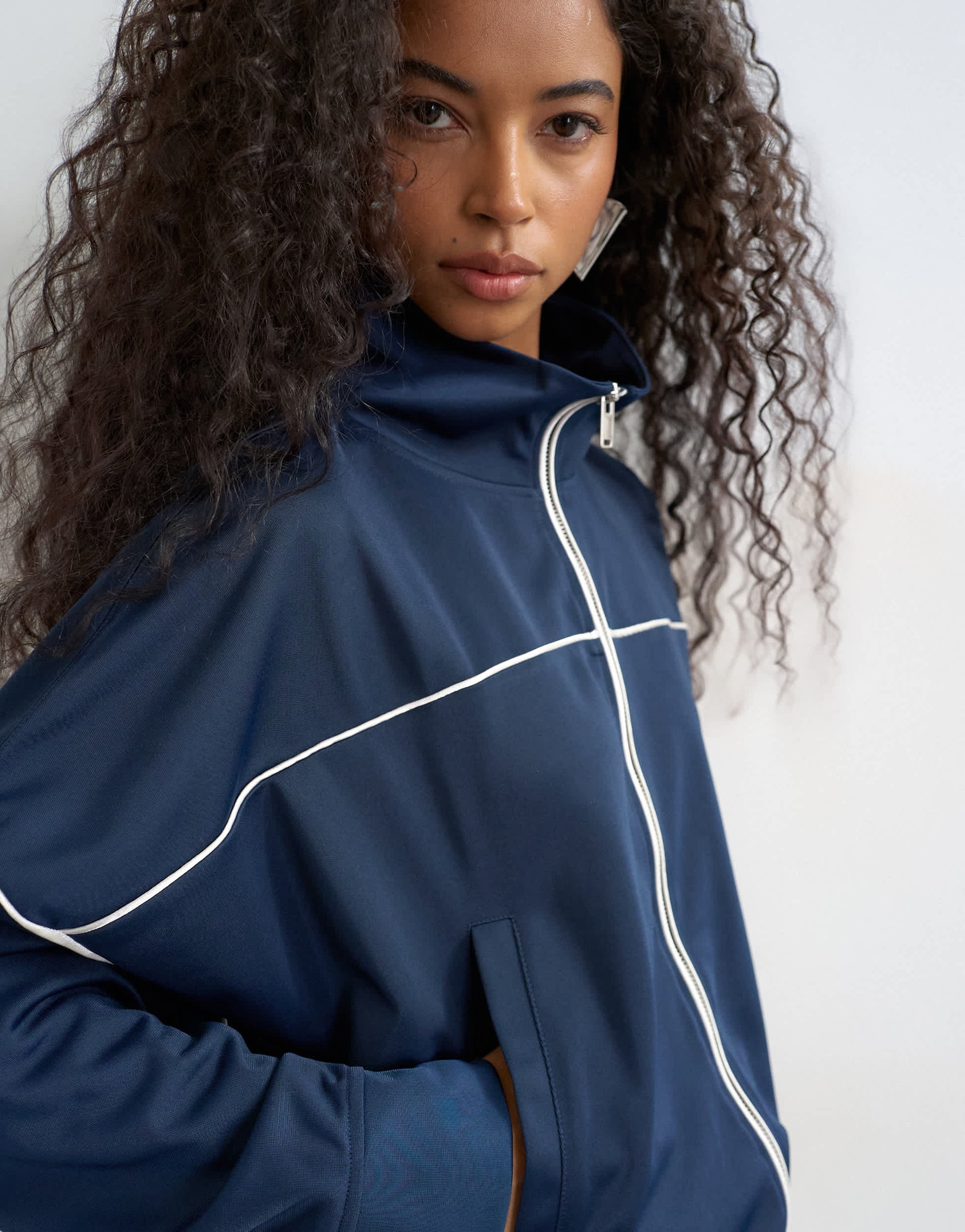 Topshop sports high neck piped jacket in navy