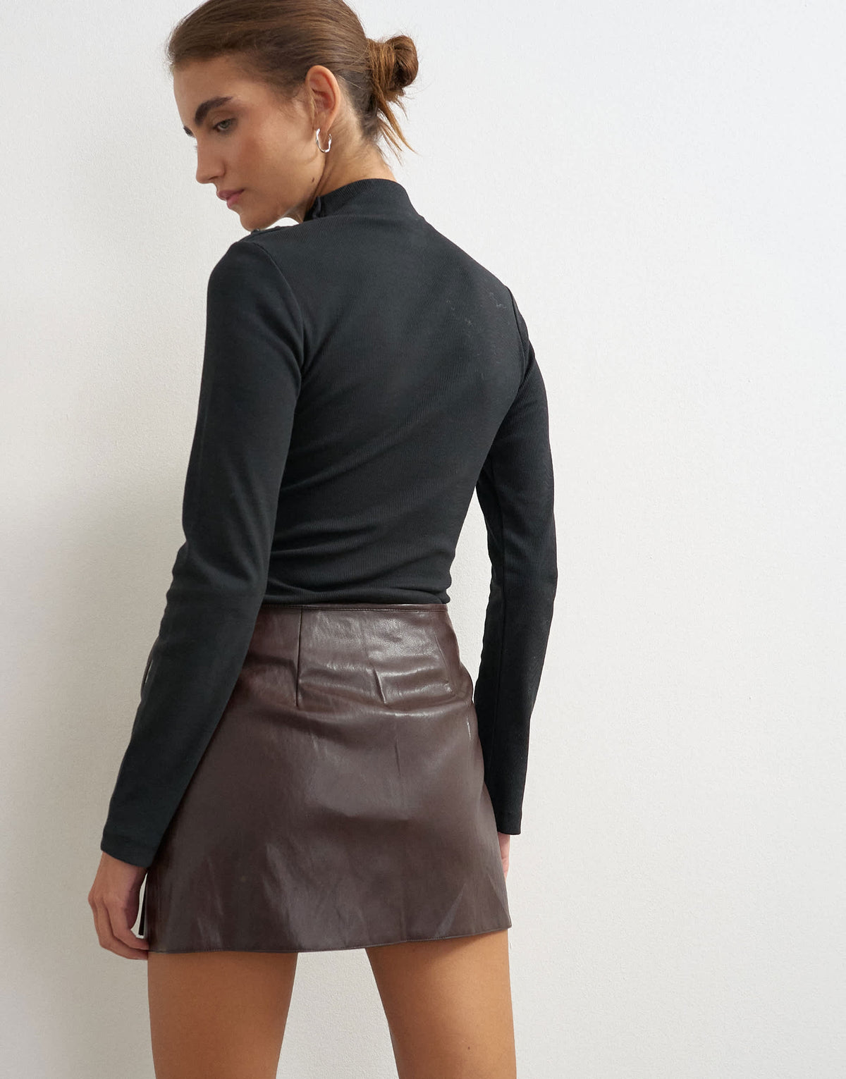 Topshop faux leather wrap tie detail mini skirt in chocolate