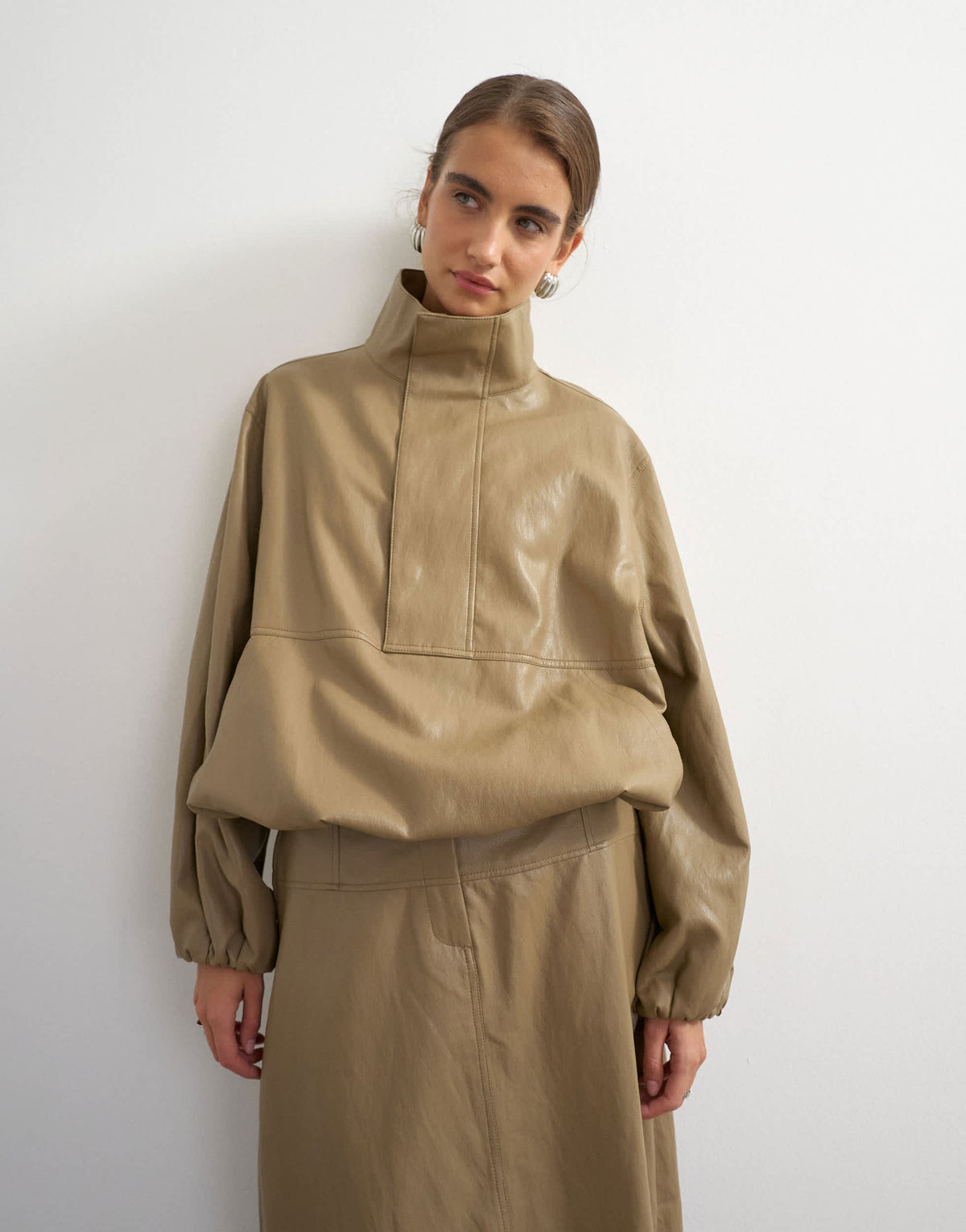 Topshop faux leather funnel neck bubble hem top in taupe