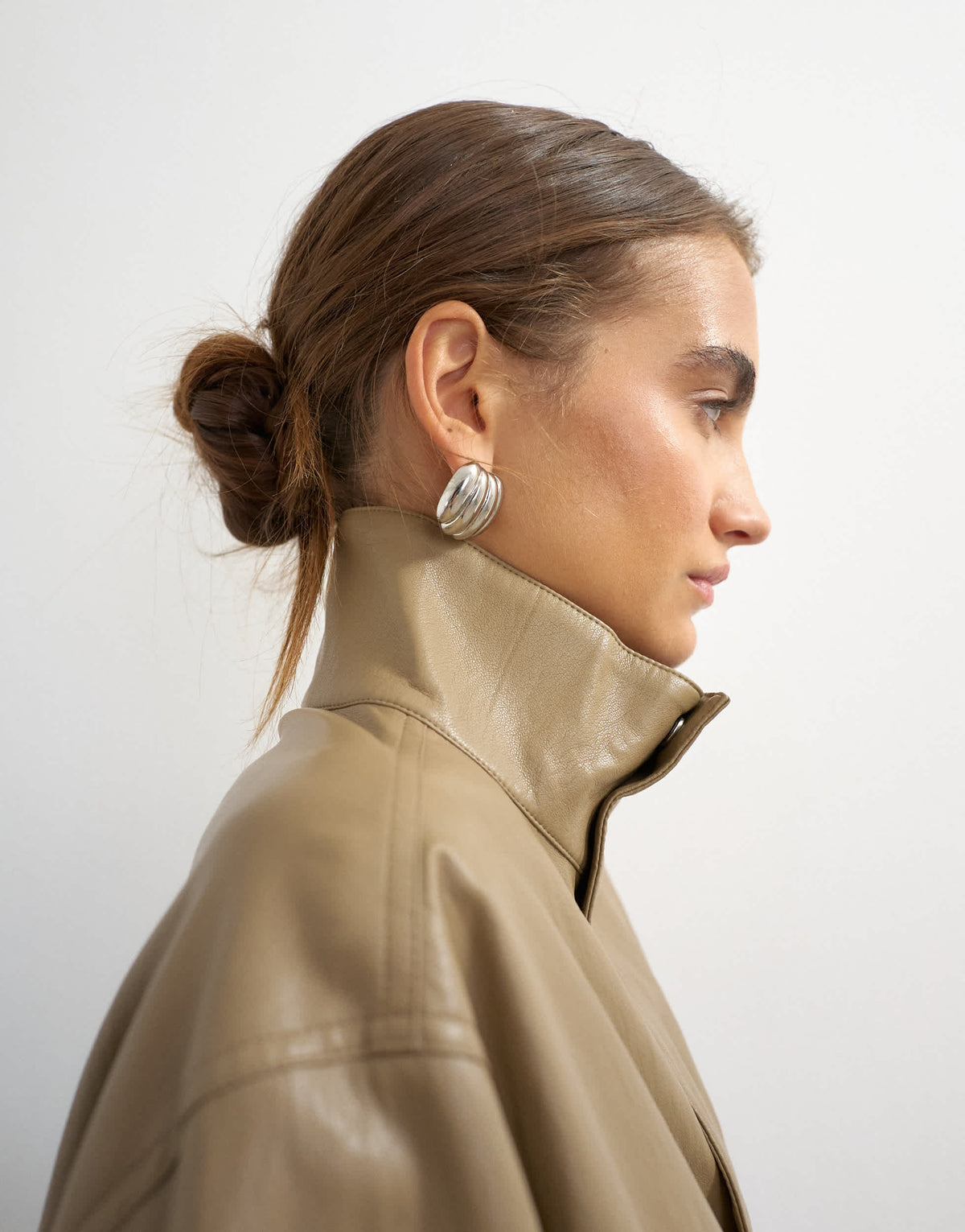 Topshop faux leather funnel neck bubble hem top in taupe