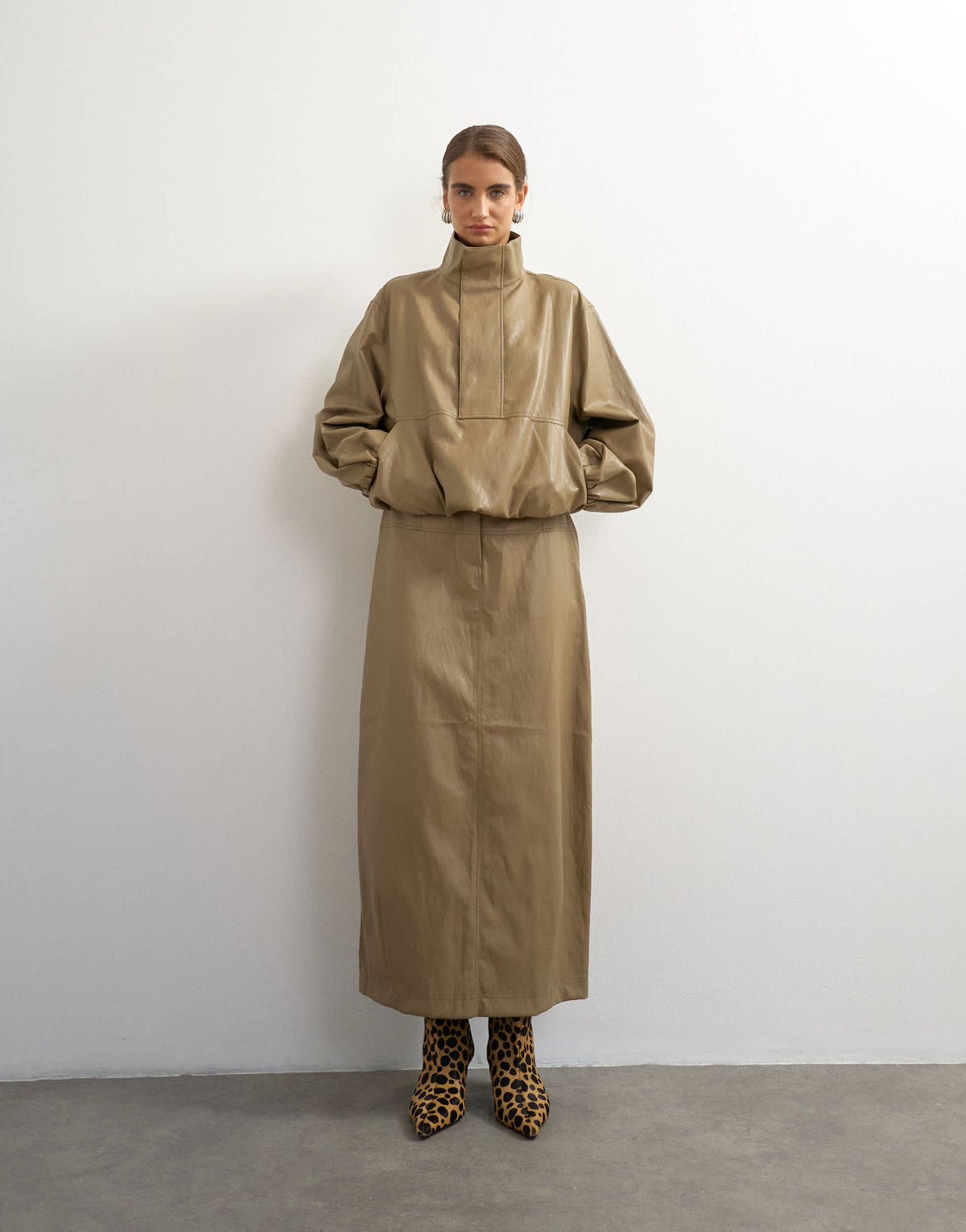 Topshop faux leather funnel neck bubble hem top in taupe