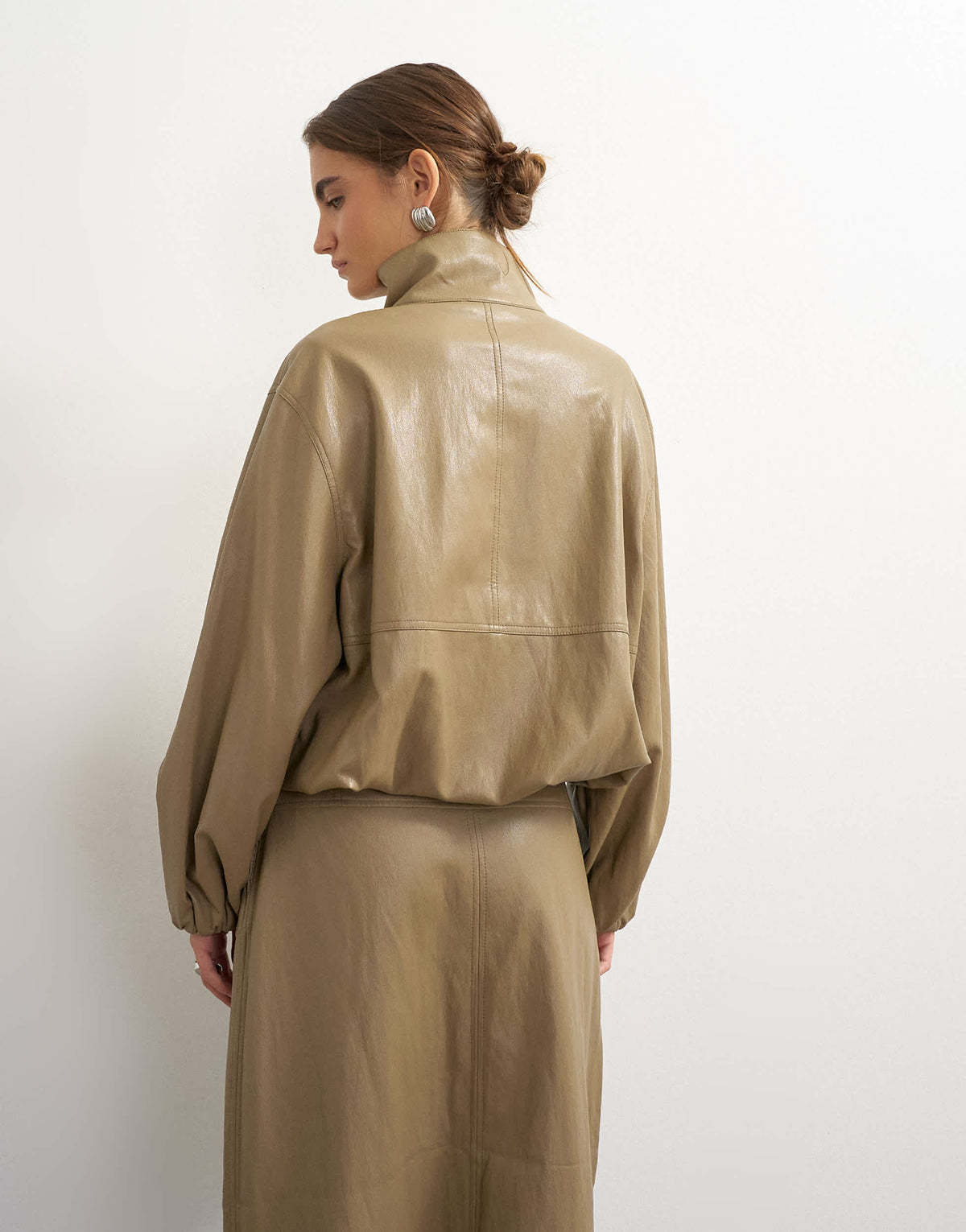 Topshop faux leather funnel neck bubble hem top in taupe