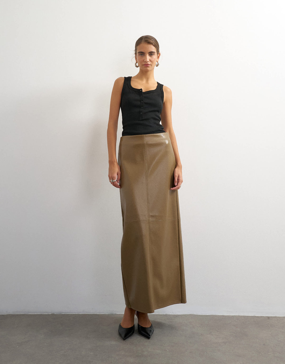 Topshop faux leather topstitch column maxi skirt in tan
