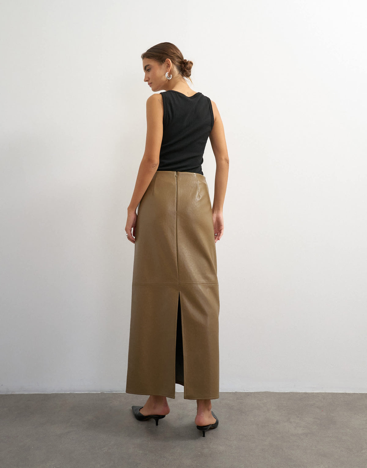 Topshop faux leather topstitch column maxi skirt in tan