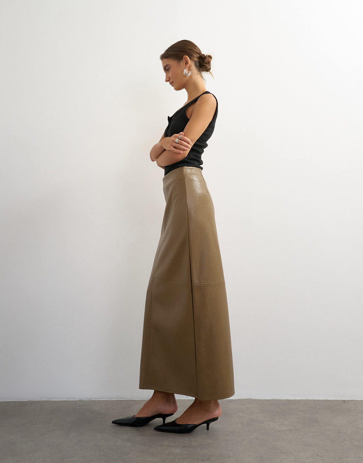 Topshop faux leather topstitch column maxi skirt in tan