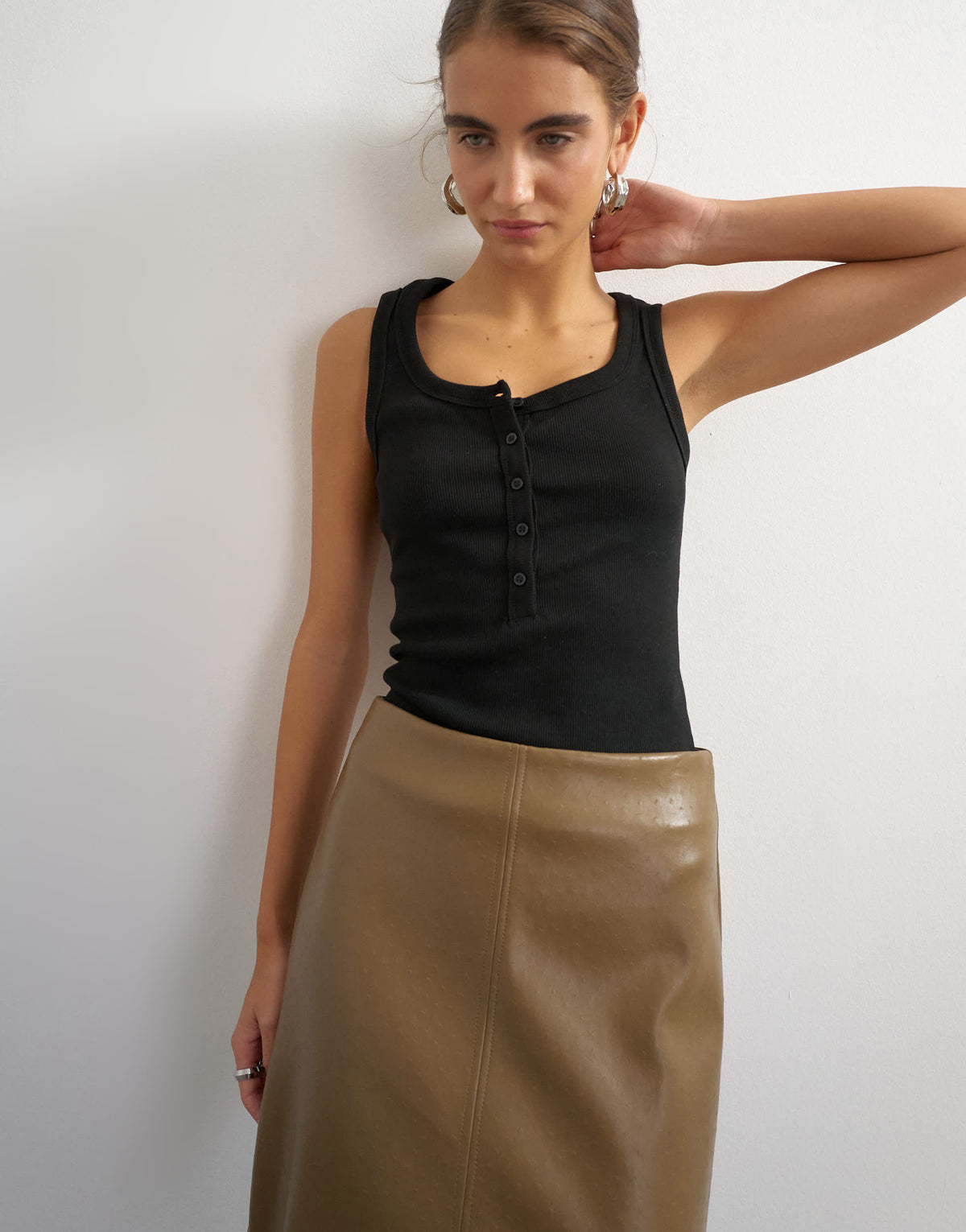 Topshop faux leather topstitch column maxi skirt in tan