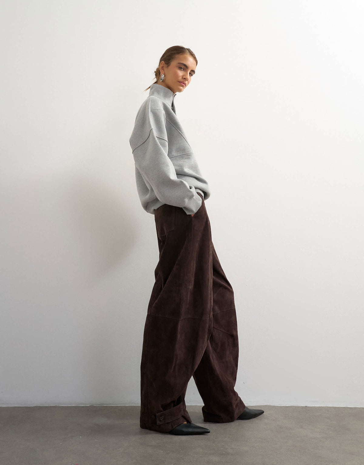 Topshop co-ord premium real suede barrel trousers in brown