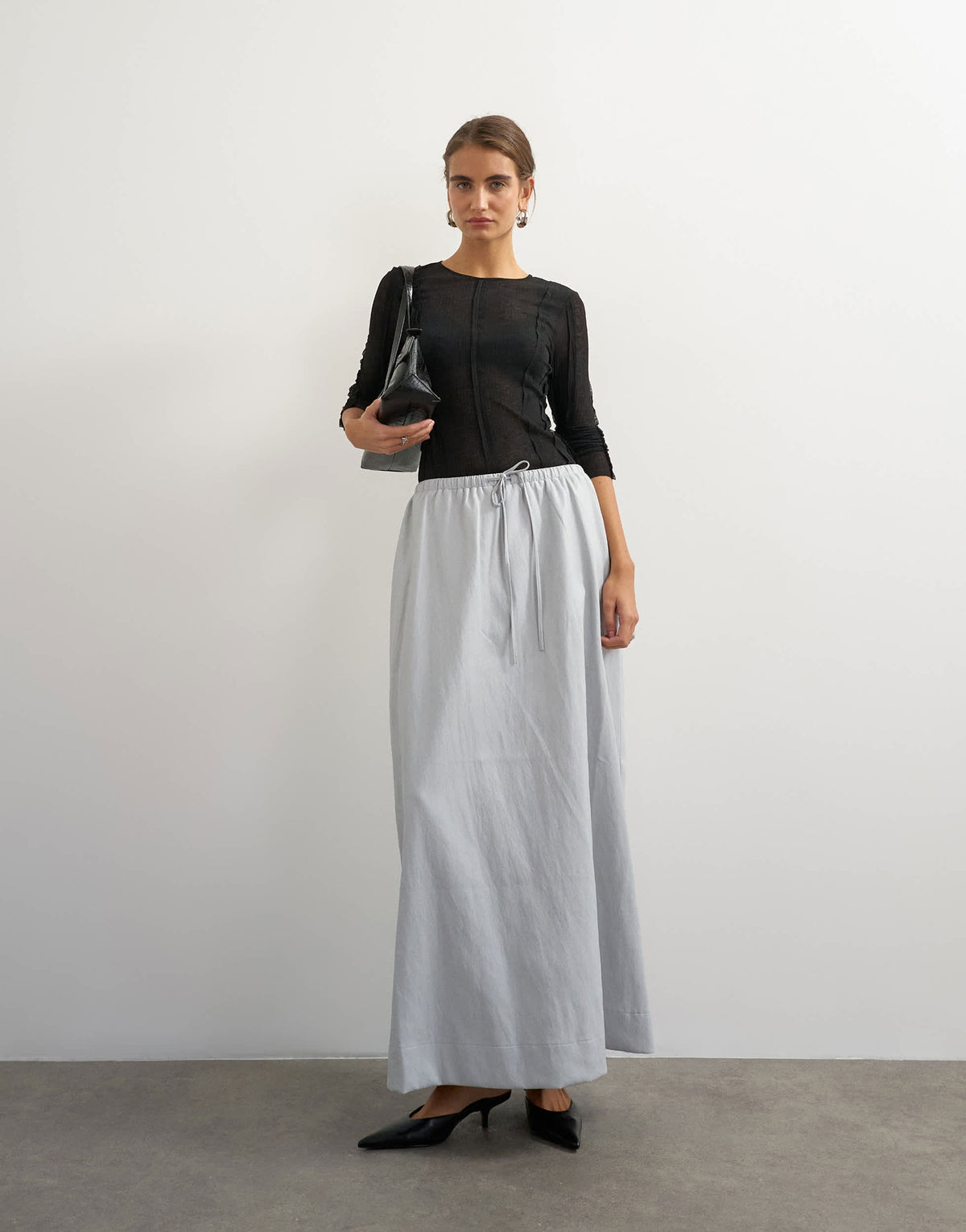 Topshop faux leather tie waist slouchy slim maxi skirt in light grey