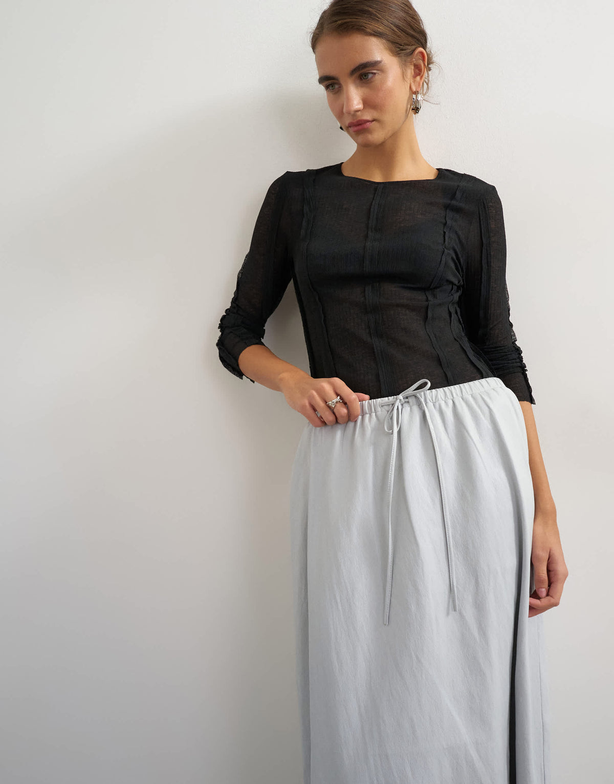 Topshop faux leather tie waist slouchy slim maxi skirt in light grey