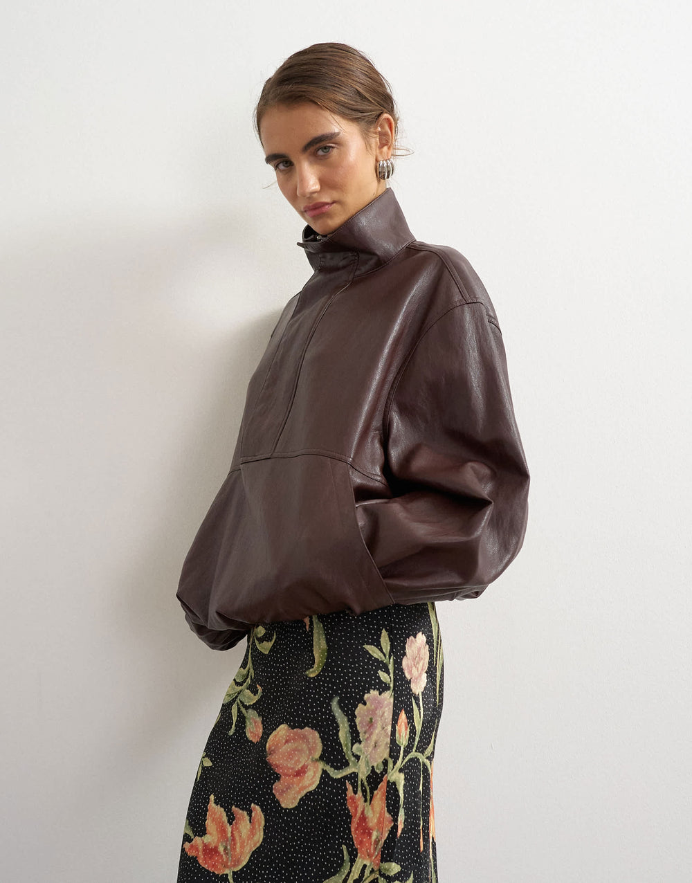 Topshop co-ord faux leather funnel neck bubble hem top in chocolate