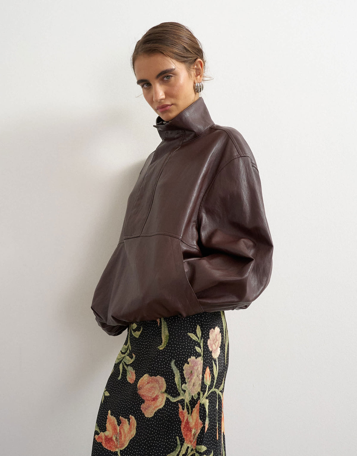Topshop co-ord faux leather funnel neck bubble hem top in chocolate