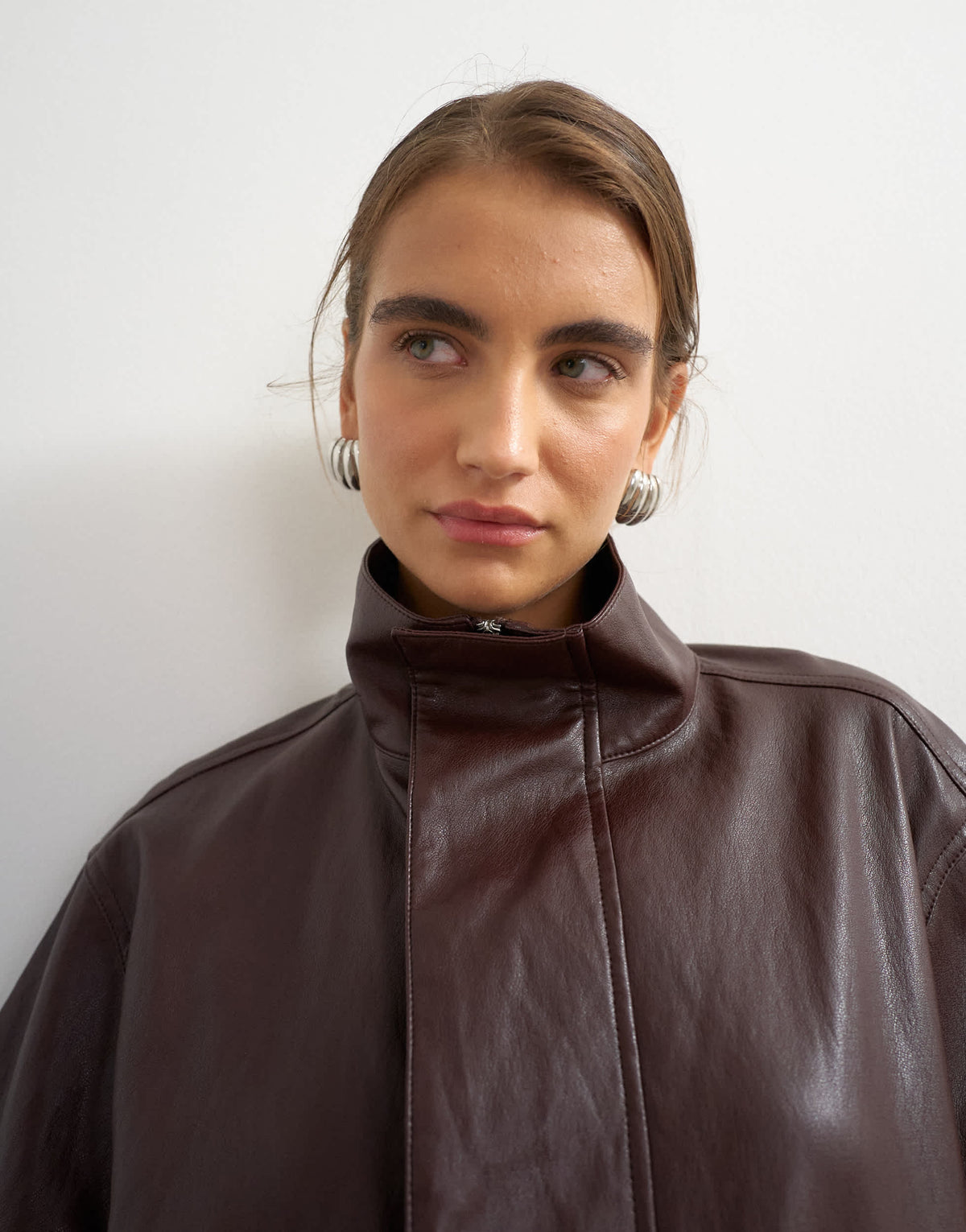 Topshop co-ord faux leather funnel neck bubble hem top in chocolate