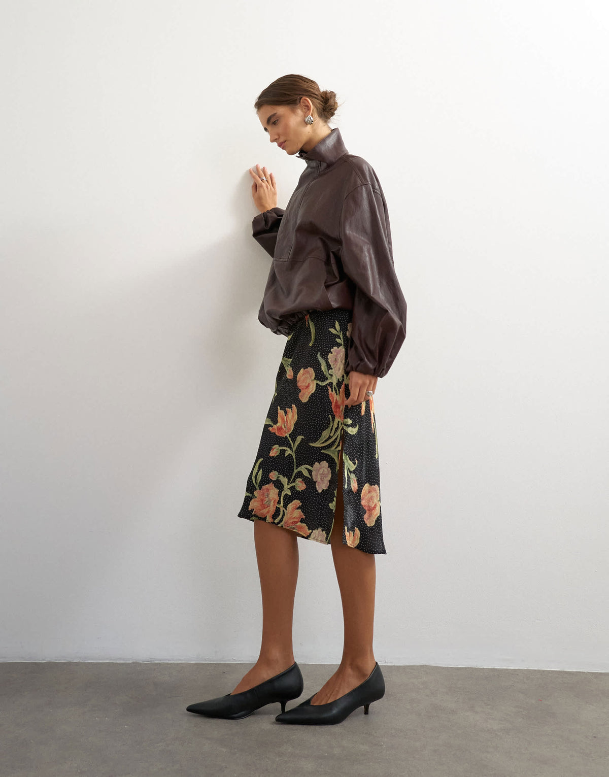 Topshop co-ord faux leather funnel neck bubble hem top in chocolate