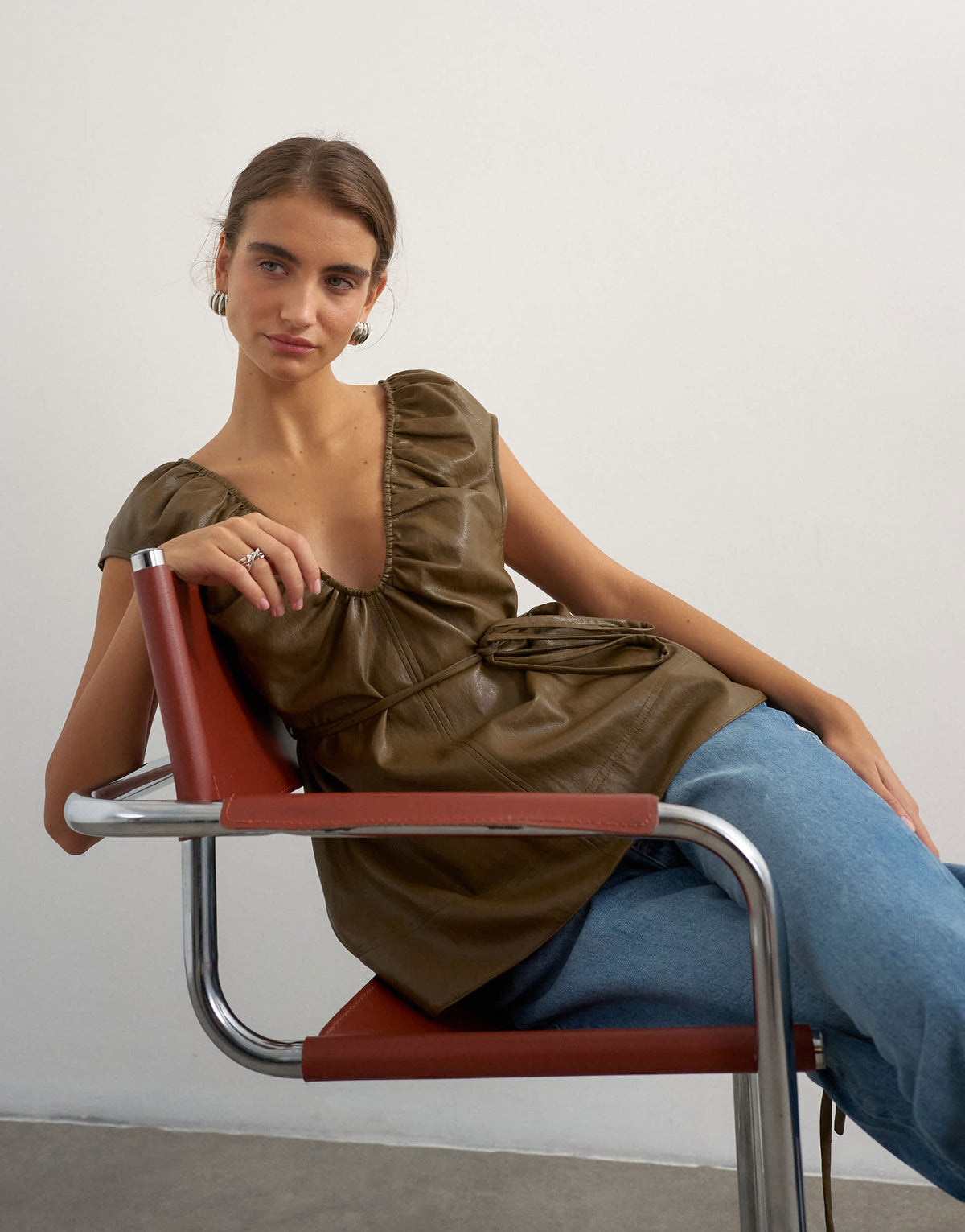 Topshop faux leather deep neckline tie detail top in olive