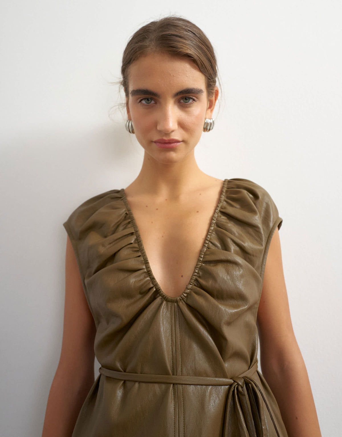 Topshop faux leather deep neckline tie detail top in olive