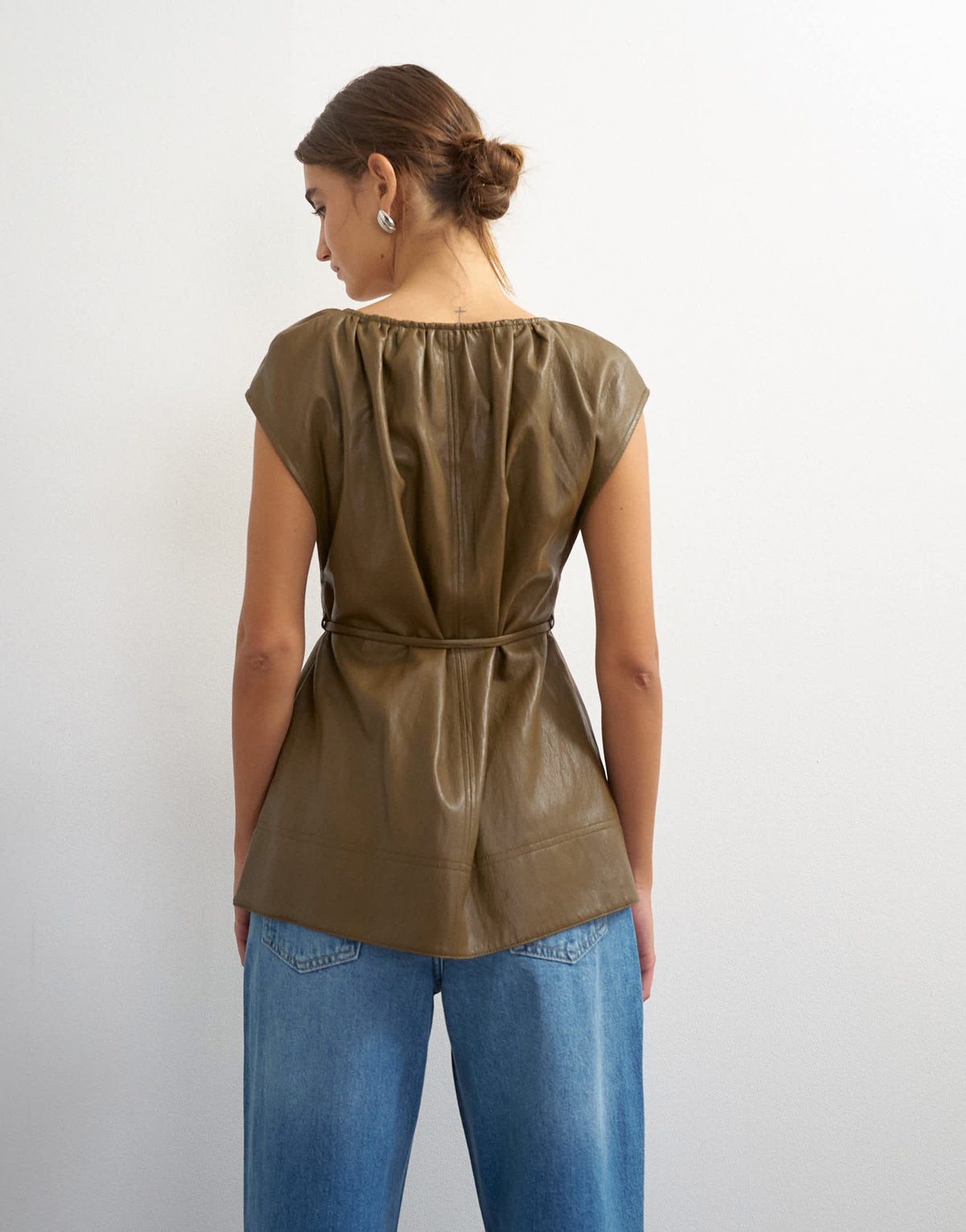 Topshop faux leather deep neckline tie detail top in olive