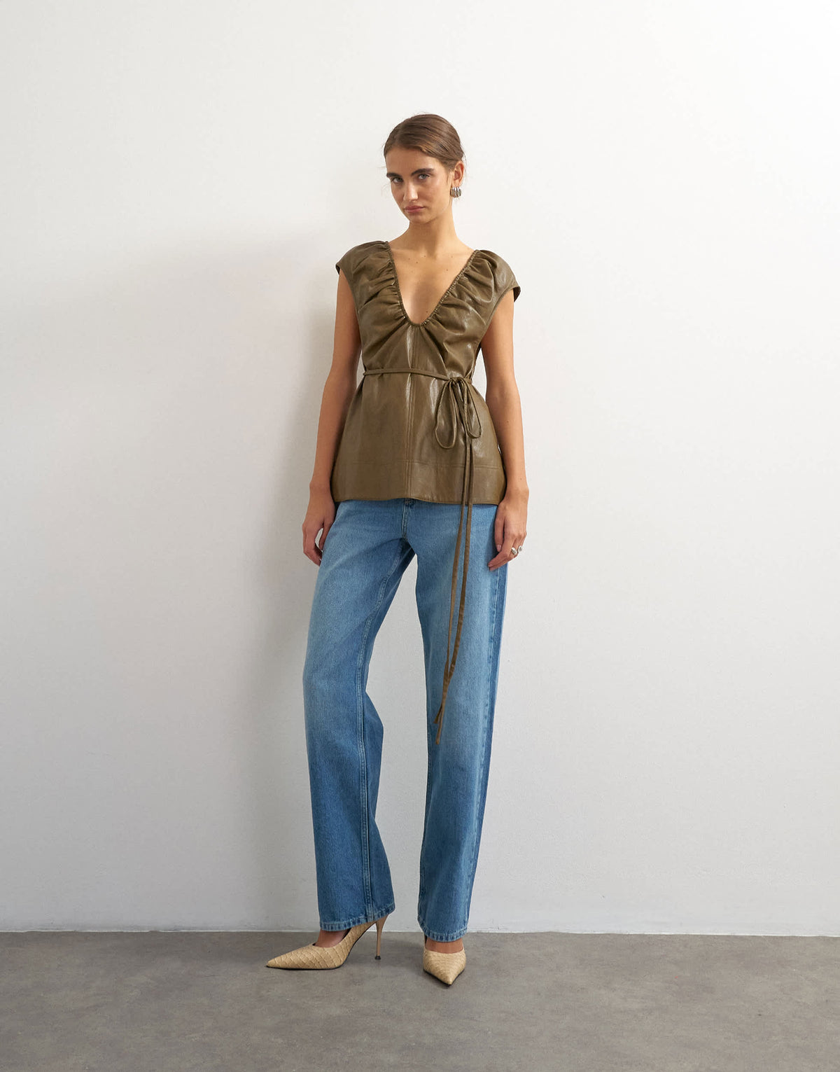 Topshop faux leather deep neckline tie detail top in olive