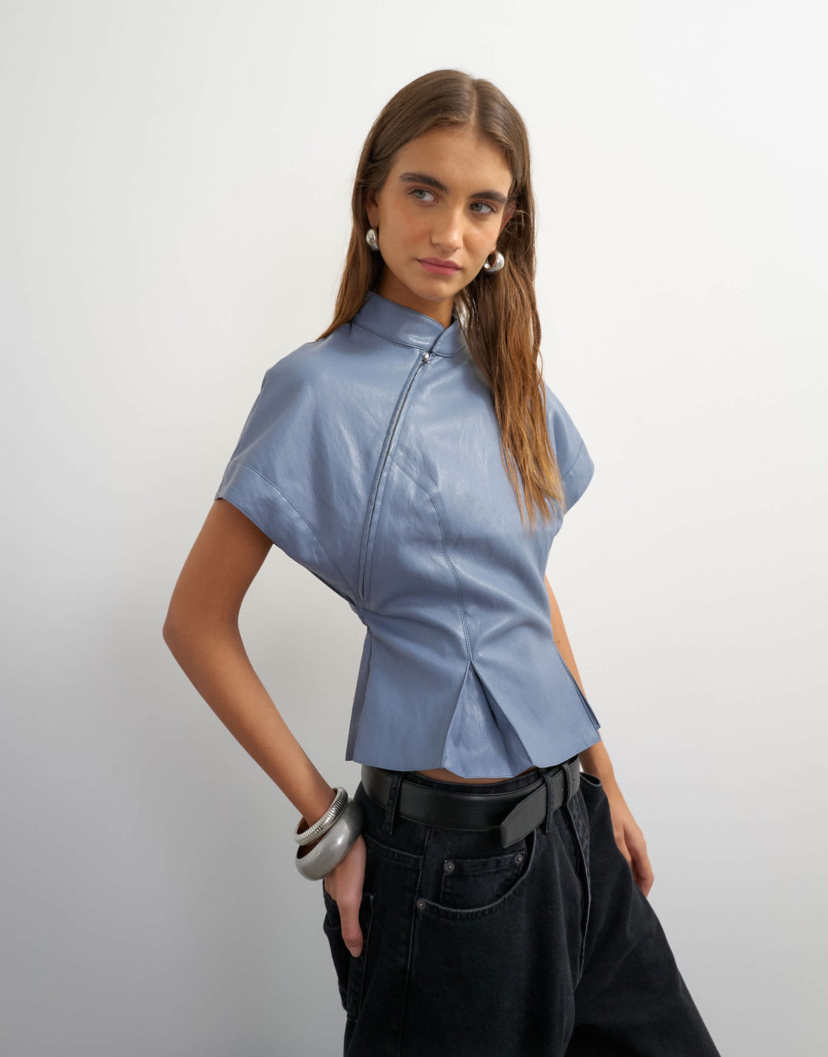 Topshop faux leather zip detail batwing top in soft blue