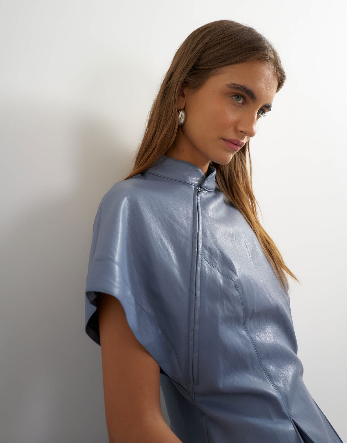 Topshop faux leather zip detail batwing top in soft blue