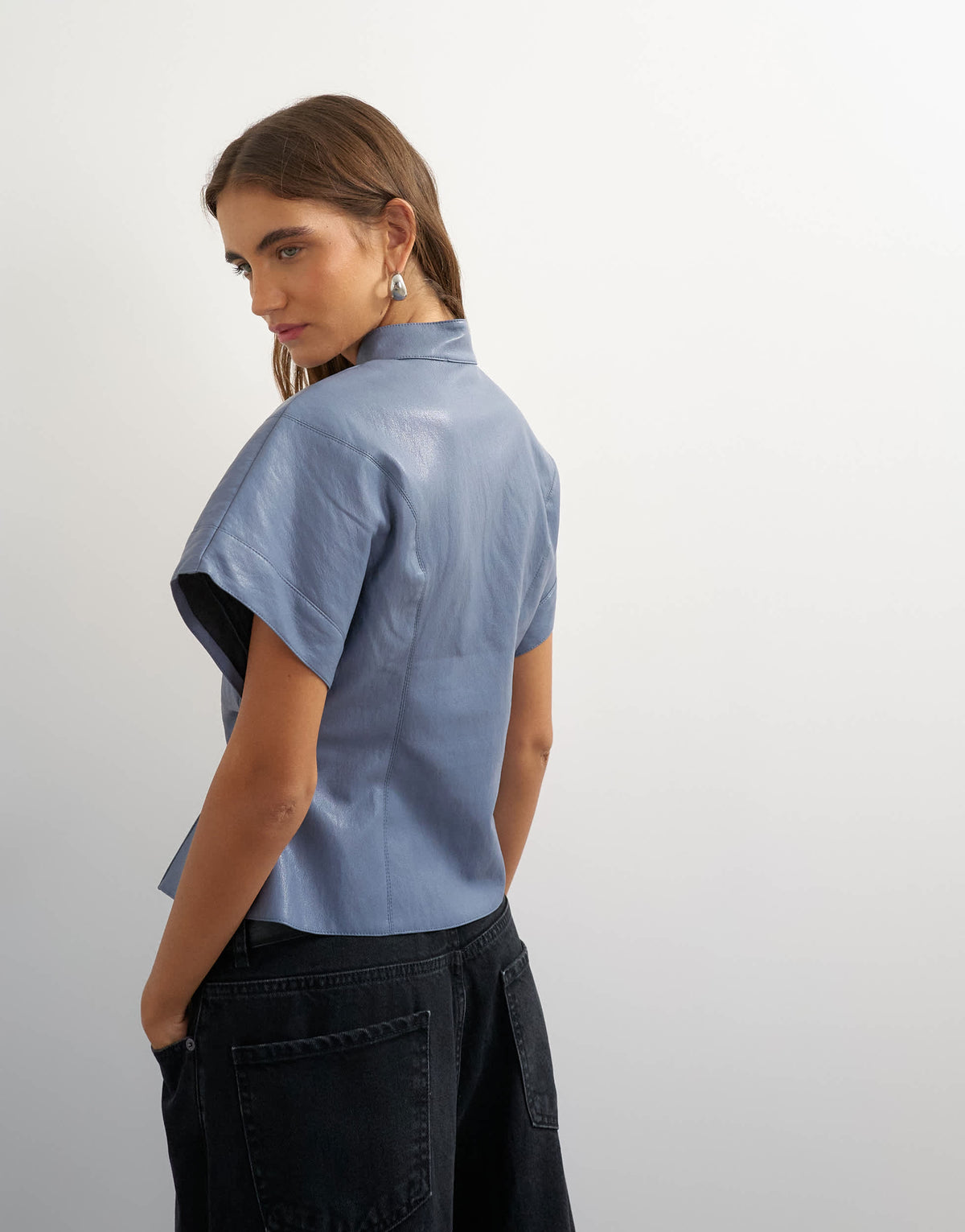 Topshop faux leather zip detail batwing top in soft blue