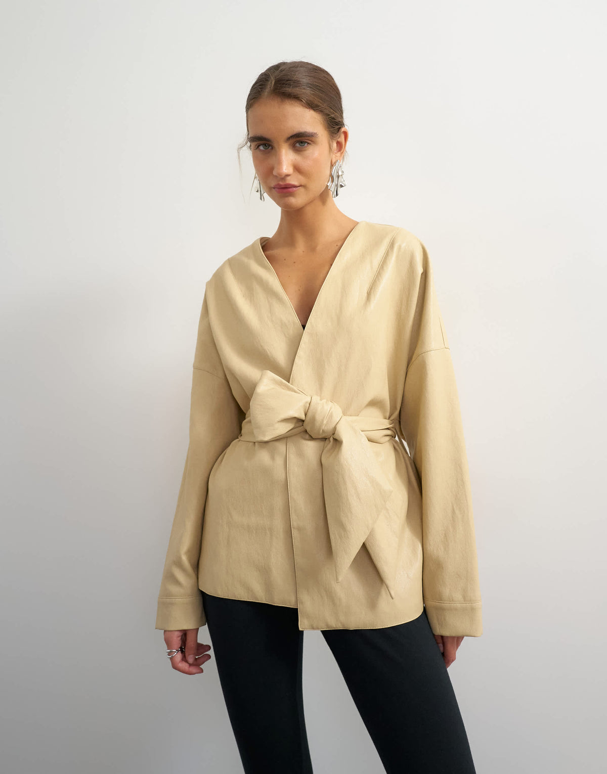 Topshop faux leather wrap tie detail top in buttermilk