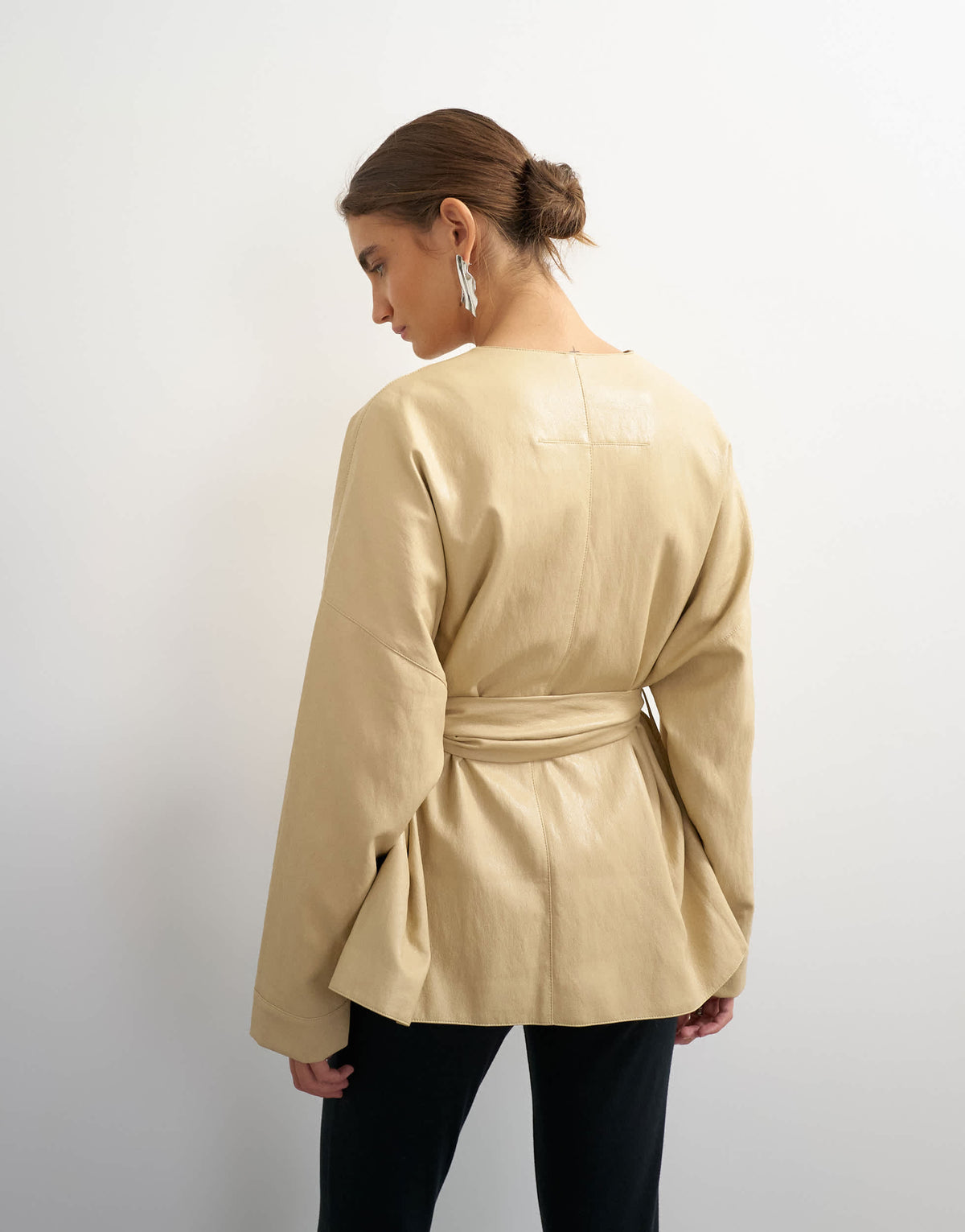 Topshop faux leather wrap tie detail top in buttermilk