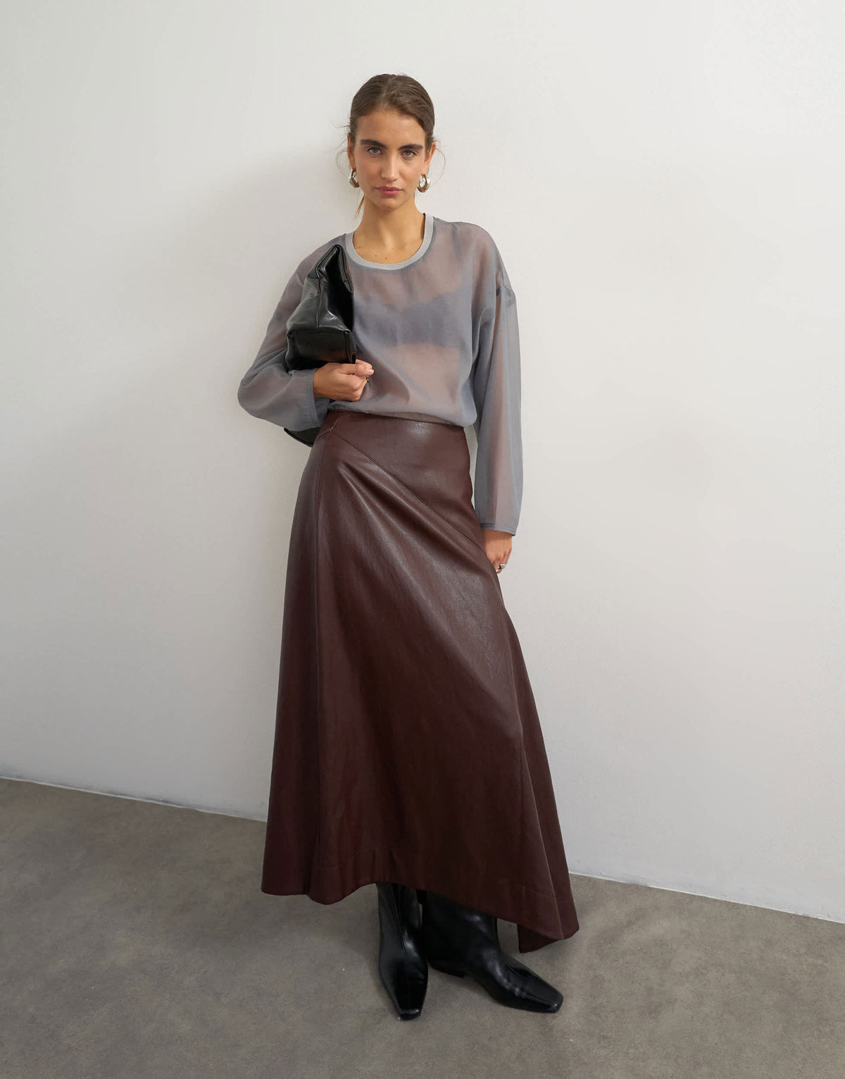 Topshop co-ord faux leather drape detail maxi skirt in chocolate