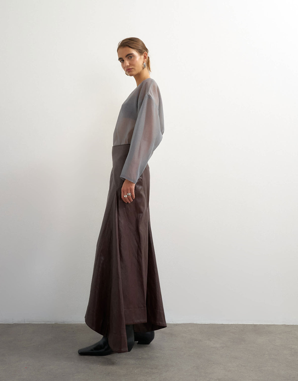 Topshop co-ord faux leather drape detail maxi skirt in chocolate