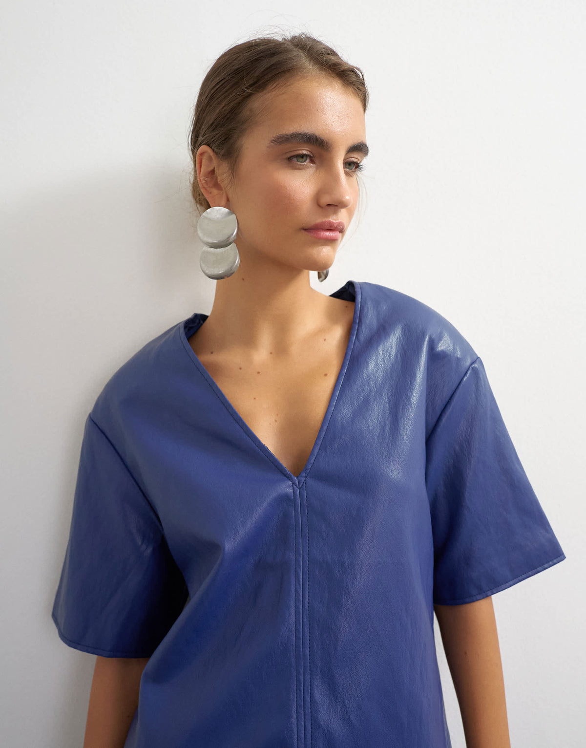 Topshop faux leather deep V neckline top in navy