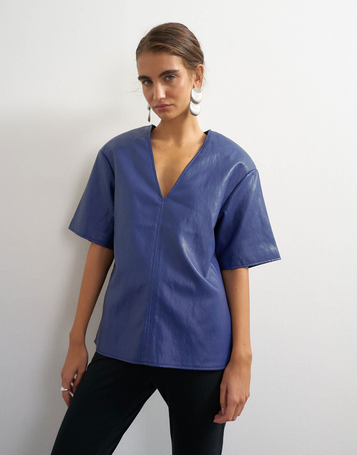 Topshop faux leather deep V neckline top in navy