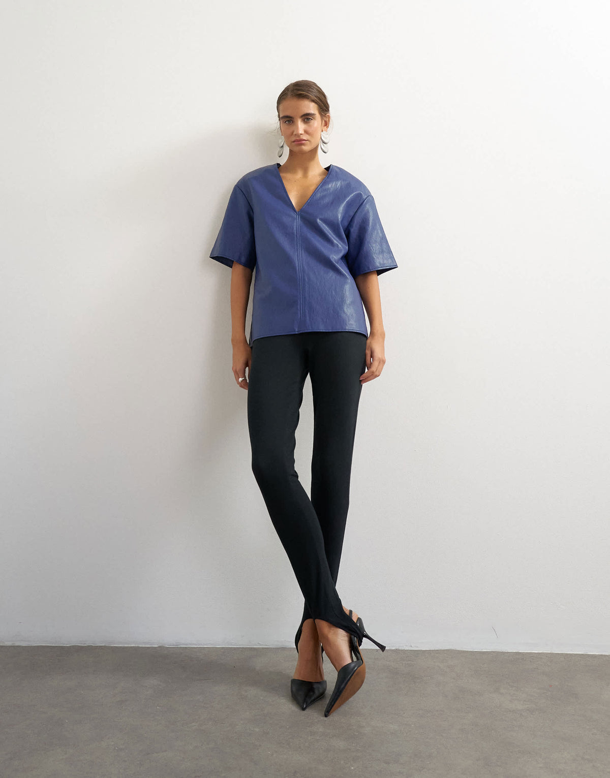 Topshop faux leather deep V neckline top in navy