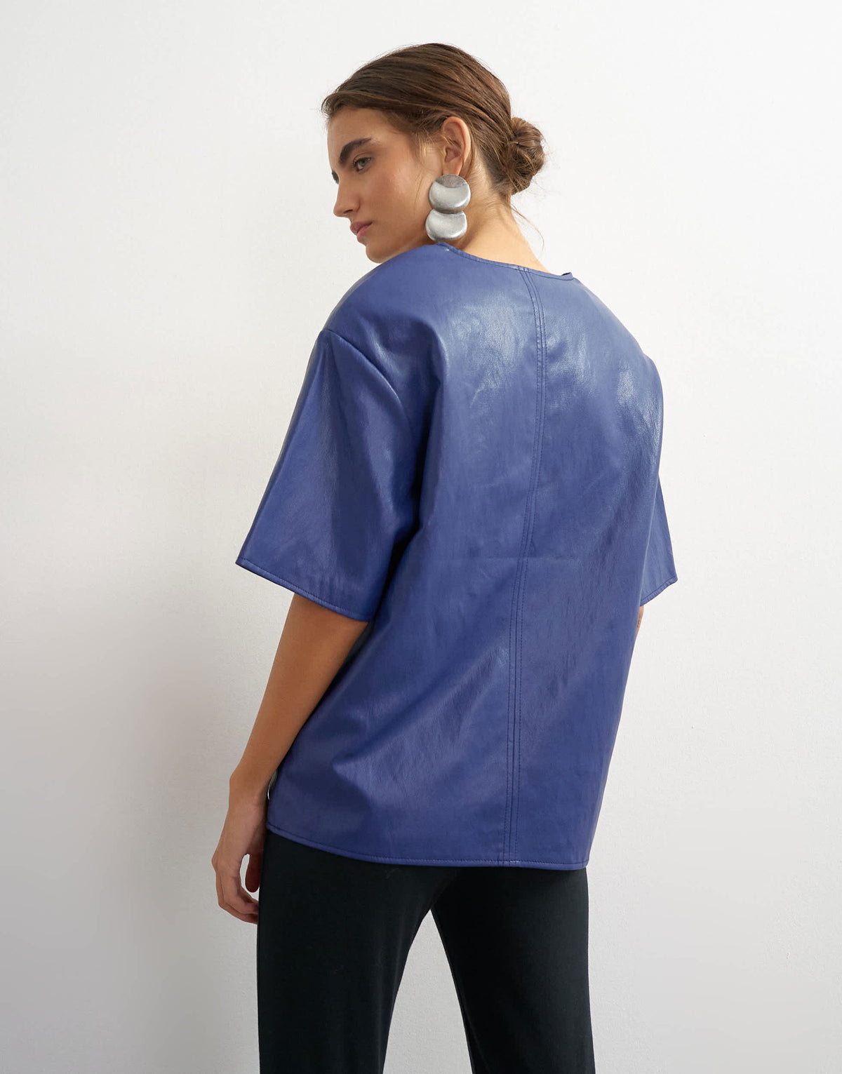 Topshop faux leather deep V neckline top in navy