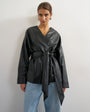 Topshop faux leather wrap tie detail top in black
