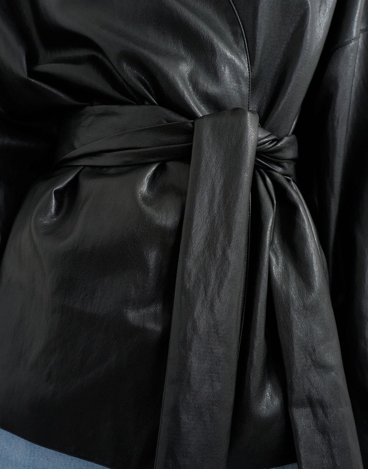 Topshop faux leather wrap tie detail top in black