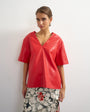 Topshop faux leather deep V neckline top in red