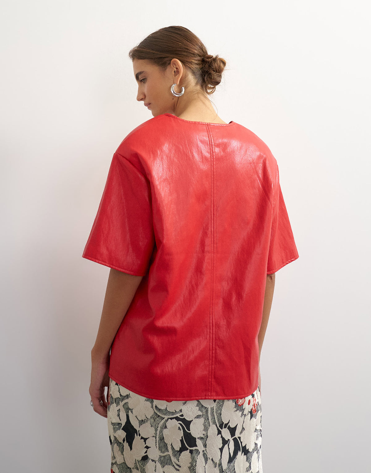 Topshop faux leather deep V neckline top in red