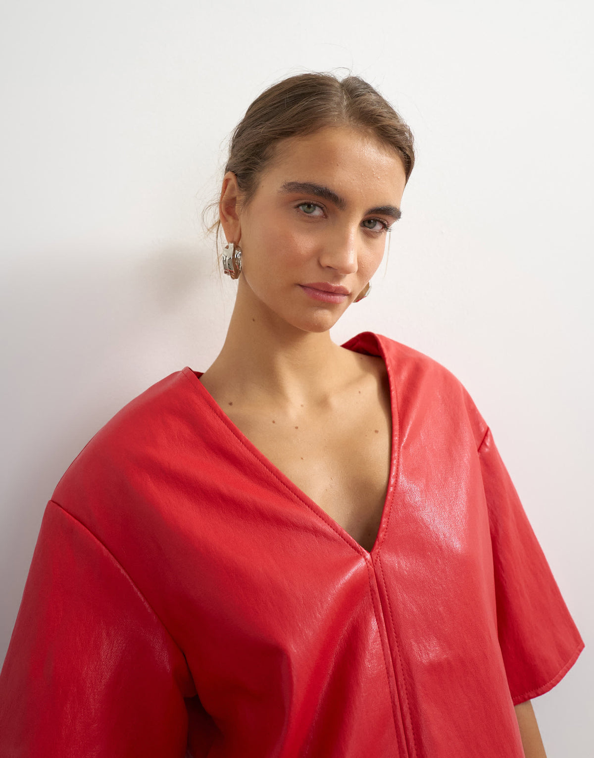 Topshop faux leather deep V neckline top in red