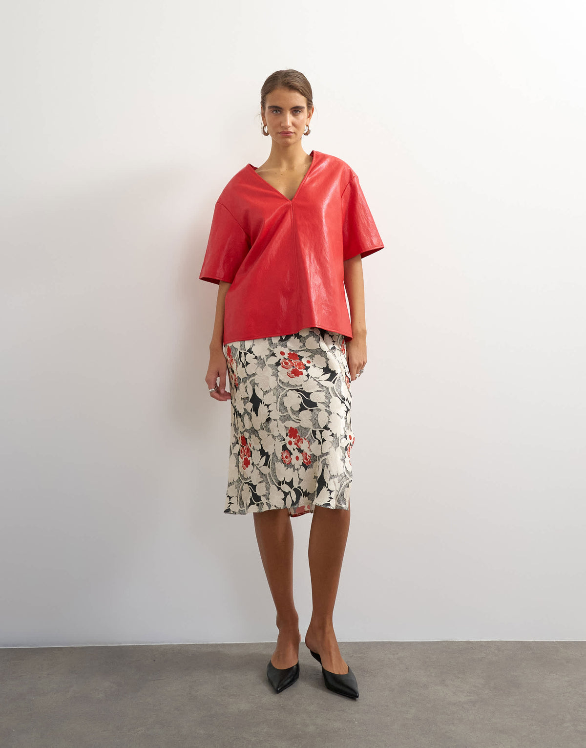 Topshop faux leather deep V neckline top in red