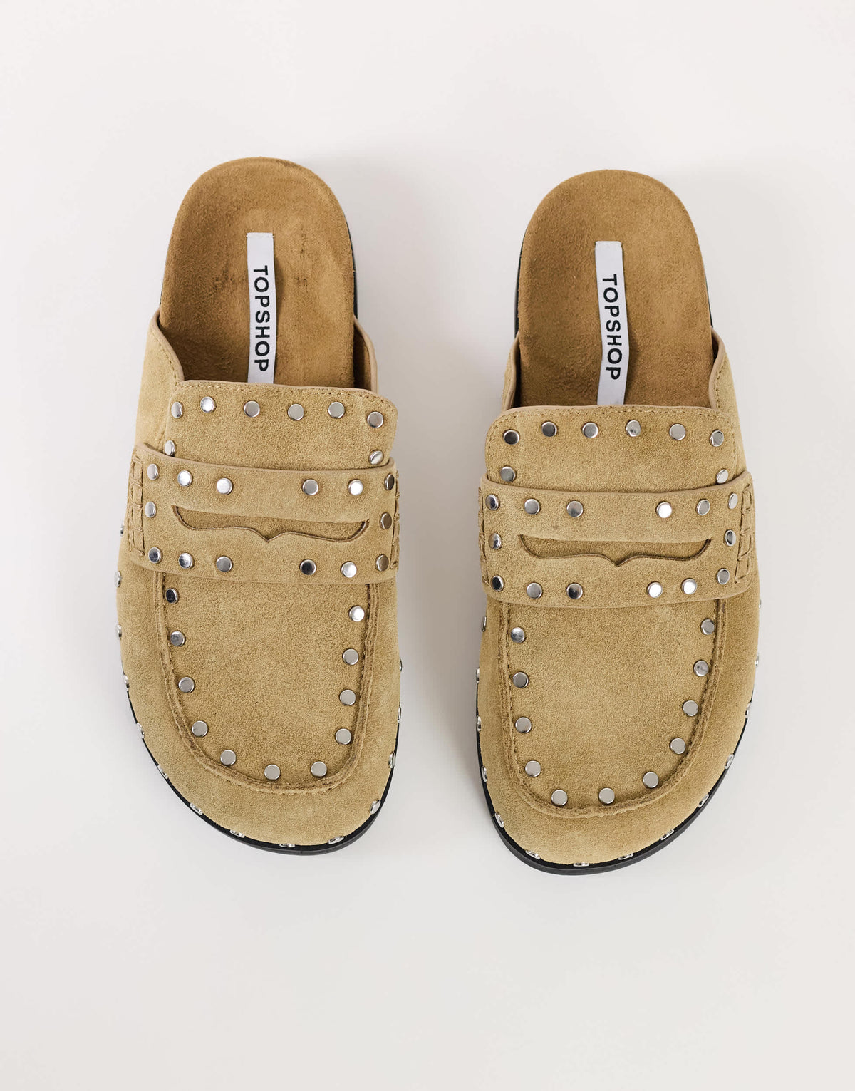 Topshop Addie real suede studded mule loafer in taupe