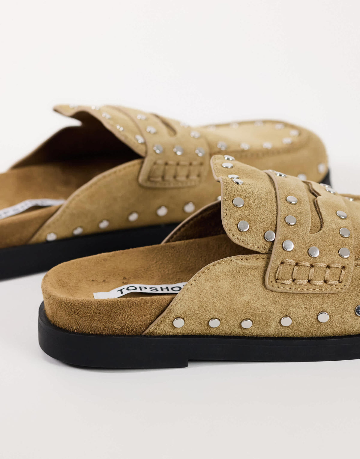 Topshop Addie real suede studded mule loafer in taupe