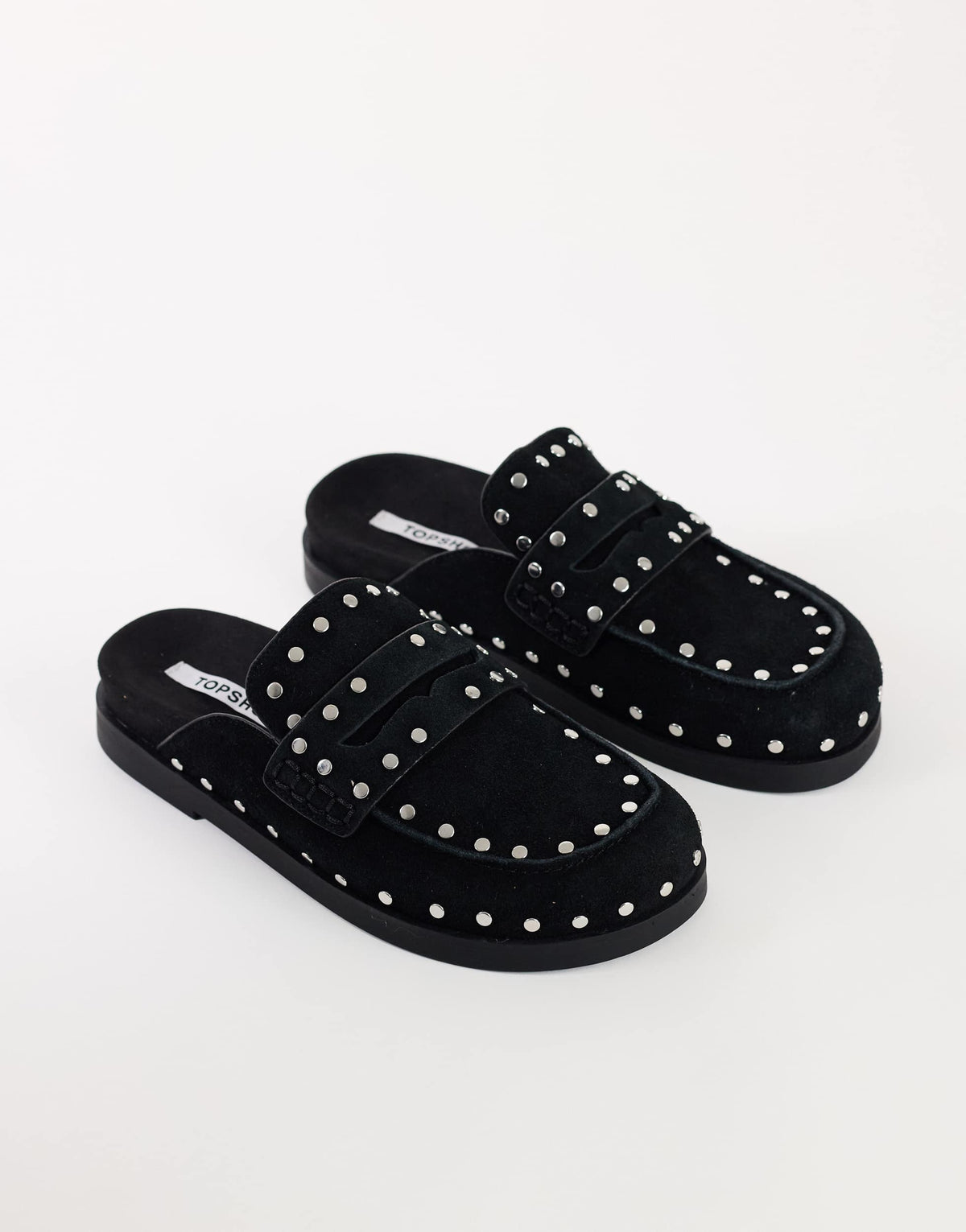 Topshop Addie real suede studded mule loafer in black