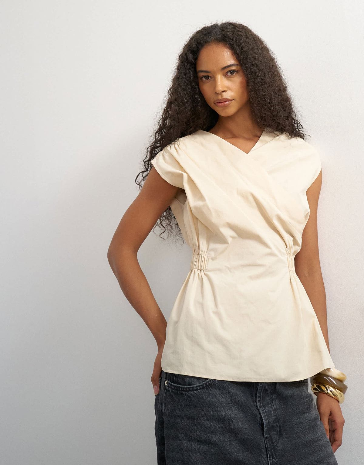 Topshop poplin wrap drape detail top in ecru