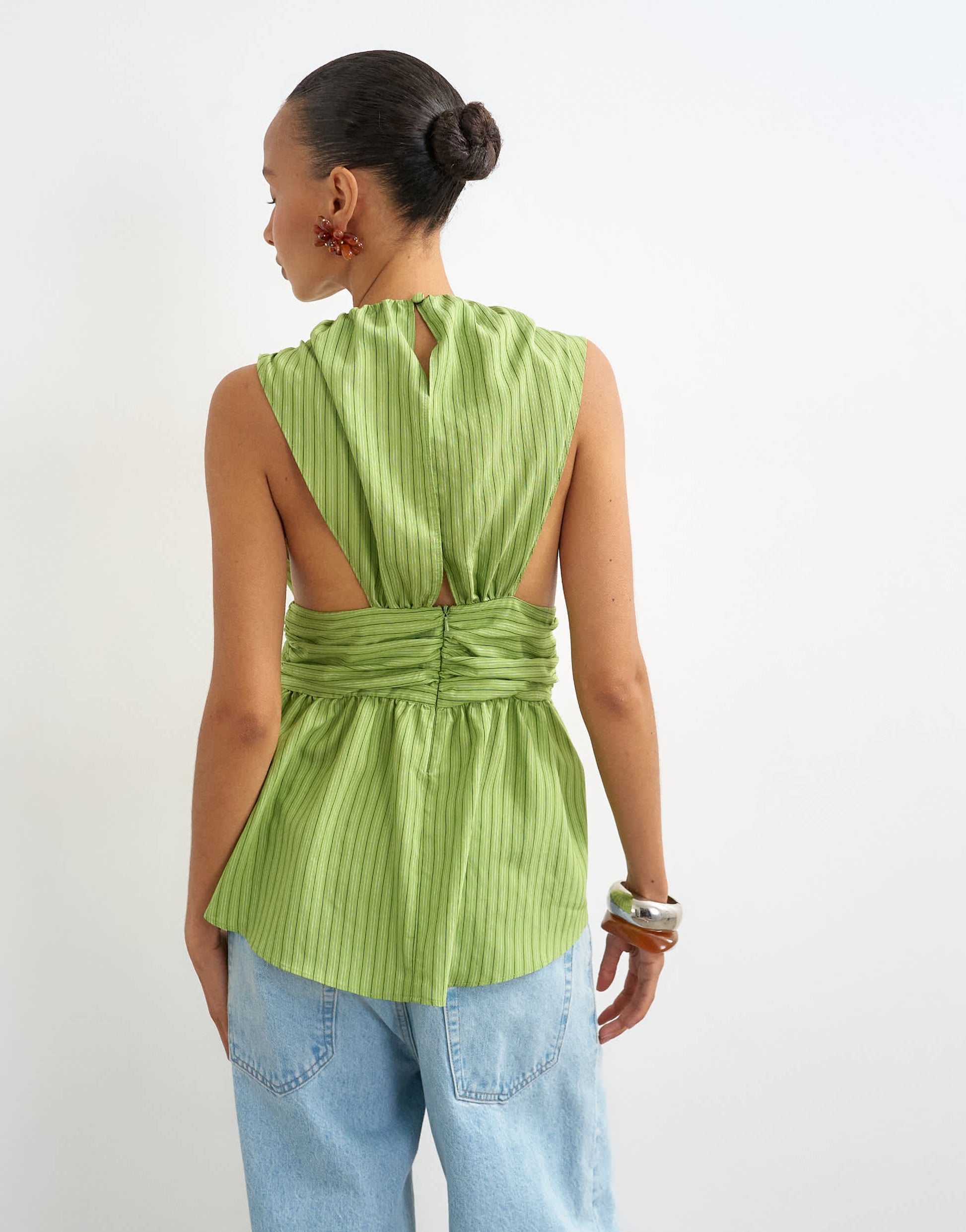 Topshop cinch split front top in green stripe