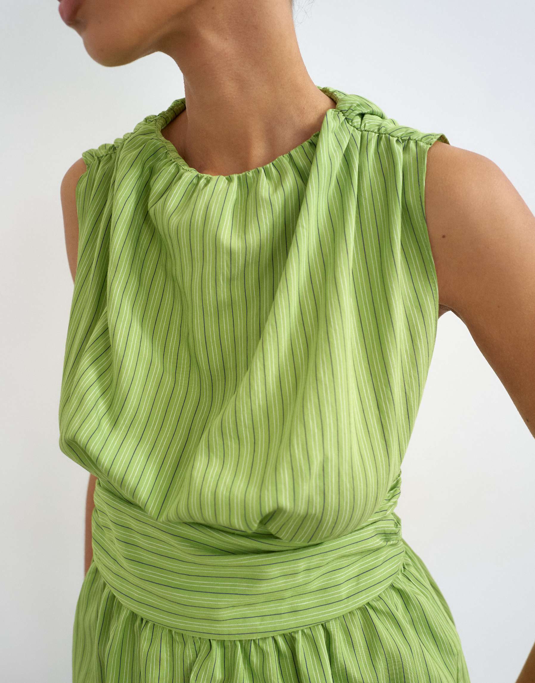 Topshop cinch split front top in green stripe