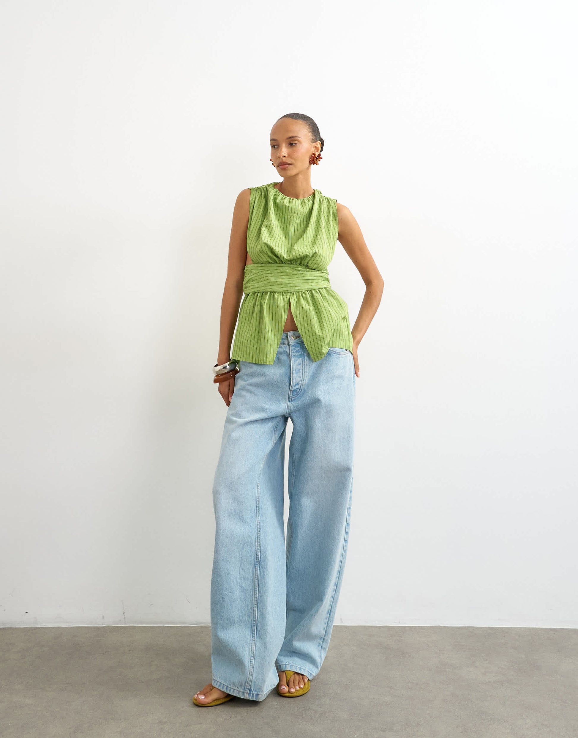 Topshop cinch split front top in green stripe